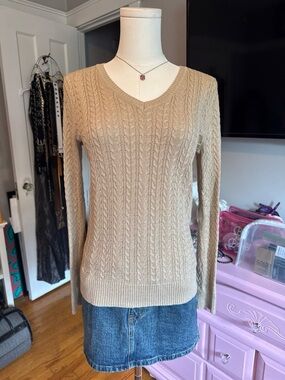Laura Scott Beige Cable Knit V-Neck Sweater